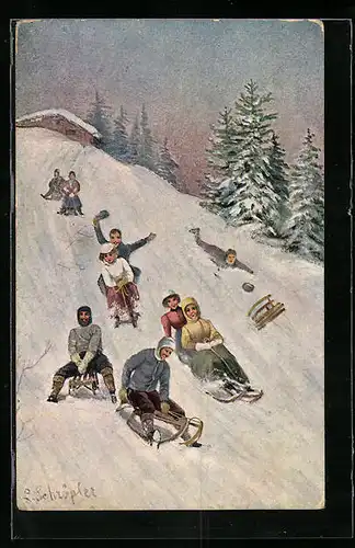 AK Männer und Frauen beim Schlittenfahren