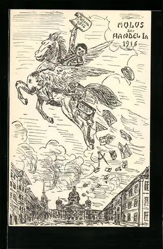 Künstler-AK Bern, Mulus der Handel I A 1916, Student auf geflügeltem Pferd, studentische Szene