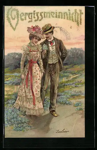 Präge-AK Liebespaar mit Bund Vergissmeinnicht