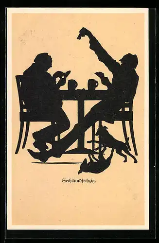AK Schattenbild, Studenten am Tisch beim Kartenspiel, studentische Szene