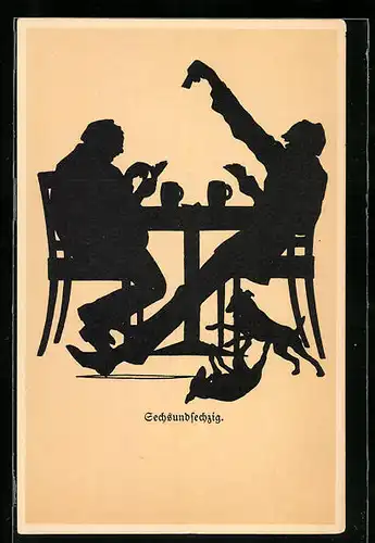 AK Schattenbild, Studenten am Tisch beim Kartenspiel, studentische Szene