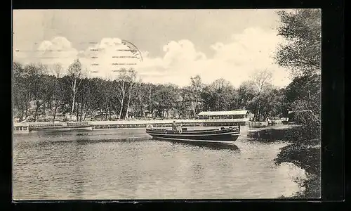 AK Berlin-Schlachtensee, Gasthaus Alte Fischerhütte K. Giebel, mit Schiff