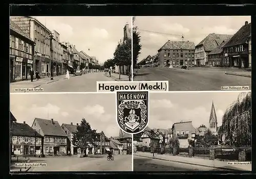 AK Hagenow /Meckl., Wilhelm.Pieck-Strasse, Am Mühlenteich, Wappen