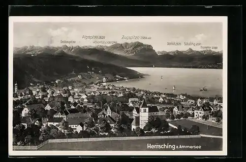 Lithographie Herrsching /Ammersee, Ortsansicht mit See und Zugspitze