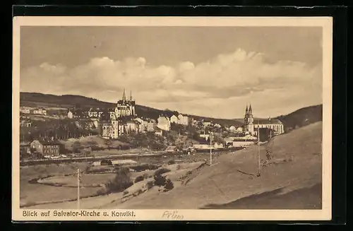 AK Prüm, Ortsansicht mit Salvator-Kirche und Konvikt