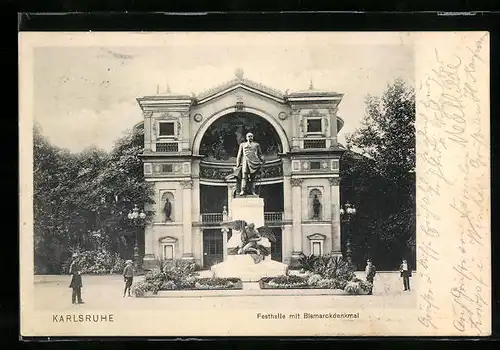 AK Karlsruhe, Festhalle mit Bismarckdenkmal