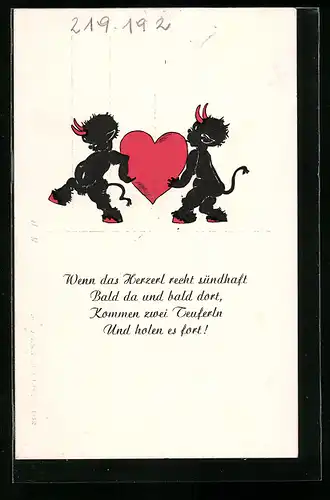 Künstler-AK Teufelchen mit einem Herz
