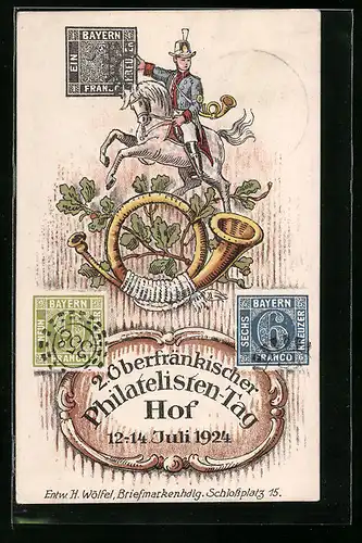 Künstler-AK Hof, 2. Oberfränkischer Philatelisten-Tag, 1924, Briefträger zu Pferde, Posthorn