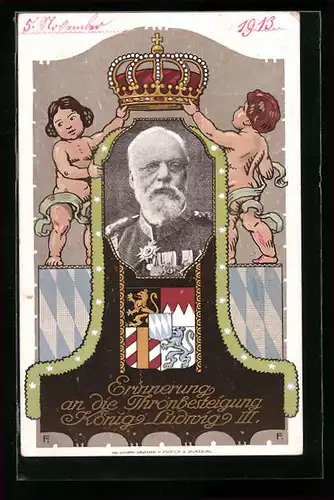 AK König Ludwig III. von Bayern mit Uniform, Erinnerung an die Thronbesteigung