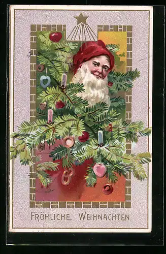 Künstler-AK Weihnachtsmann mit geschmücktem Weihnachtsbaum