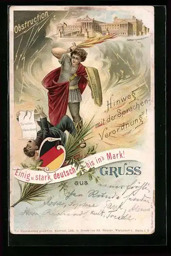 Künstler-AK Wien, Parlamentsgebäude, St. Michael streckt die Sprachenverordnung nieder