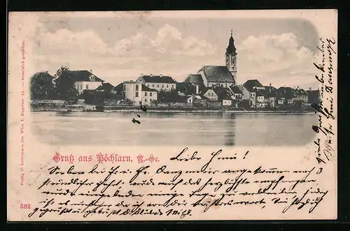 AK Pöchlarn /N.-Oe., Uferpartie mit Kirche