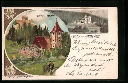 Lithographie Maria Schutz am Semmering, Kirche, Ruine Klamm
