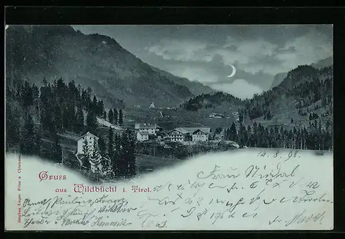 AK Wildbüchl, Ortsansicht mit Gebirge und Halbmond