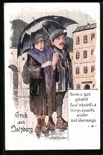 Regen-AK Salzburg, Paar mit Regenschirm in der Stadt