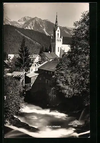 AK Schladming, Talbachpartie mit Blick auf die Kirche