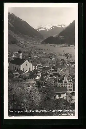 AK Schruns im Montafon, Ortsansicht gegen die Silvrettagruppe