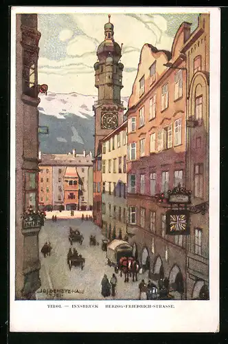 Künstler-AK Innsbruck, Herzog Friedrich-Strasse mit Passanten, Pferdekutsche