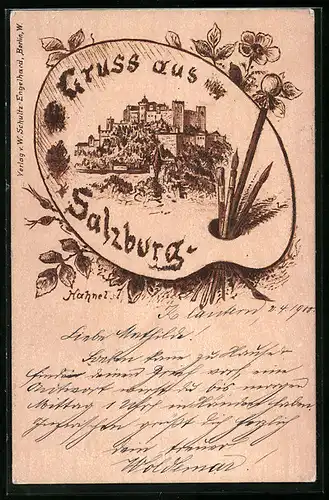 Lithographie Salzburg, Ortsansicht in einer Malerpalette