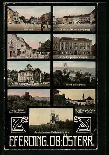 AK Eferding, K. K. Bezirksgericht und Steueramt, Schieferplatz mit Spitalkirche