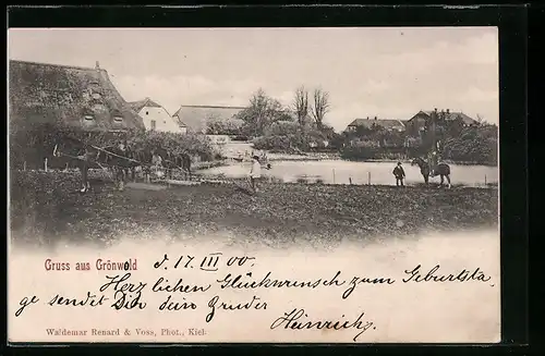 AK Grönwohld, Gut mit Weiher, Bauern bei der Feldarbeit