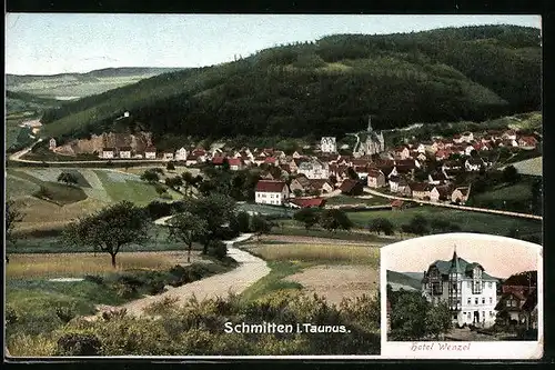 AK Schmitten /Taunus, Hotel Wenzel, Gesamtansicht mit Kirche
