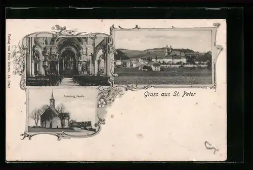 AK St. Peter, Teilansicht mit Kirche, Inneres der Kirche, Lindenberg Kapelle