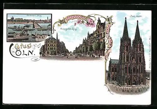 Lithographie Cöln, Hohenzollern Ring, Schiffbrücke und Deutz, Dom