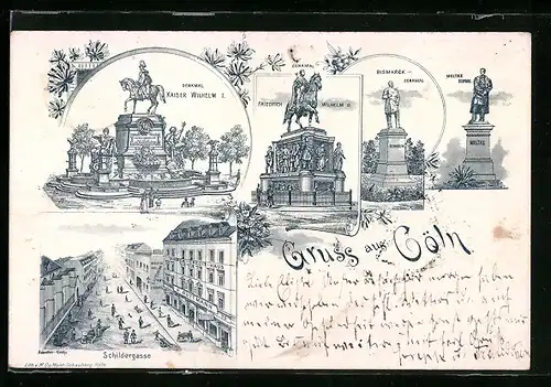 Lithographie Cöln, Denkmal Kaiser Wilhelm I., Schildergasse