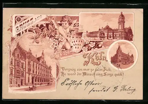 Lithographie Köln, Hauptbahnhof und Reichsbank