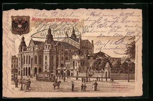 Lithographie Köln-Neustadt, neues Stadttheater, Strassenbahn