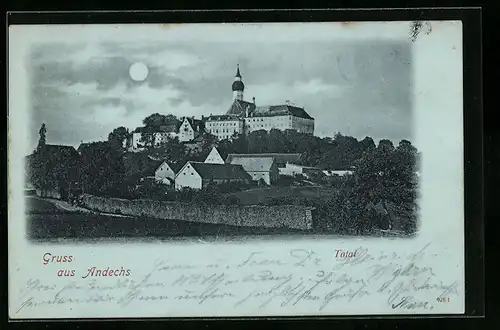 Mondschein-AK Andechs, Totalansicht mit Kirche