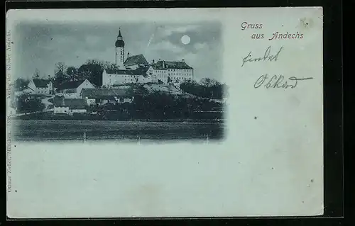 Mondschein-AK Andechs, Totalansicht mit Kirche