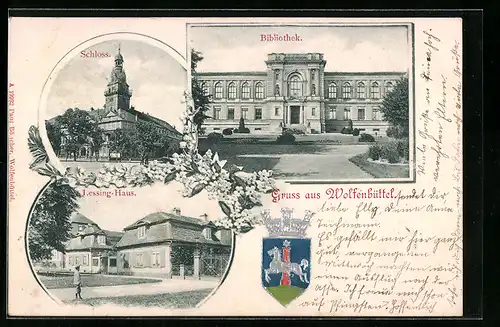 AK Wolfenbüttel, Blick auf Bibliothek, Schloss und Lessing-Haus, Wappen