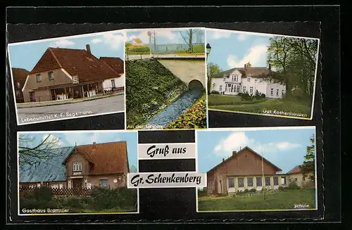 AK Gr. Schenkenberg, Gasthaus Brammer, Lebesnmittelgeschäft K. F. Begemann, Gut Rothenhausen