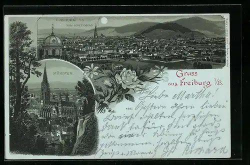 Lithographie Freiburg i. B., Gesamtansicht vom Lorettoberg, Ortsansicht Münster