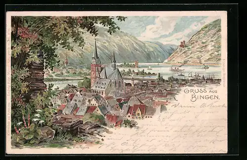 Lithographie Bingen, Die Stadt und Umgebung von Burg Klopp aus gesehen