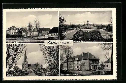 AK Sörup /Angeln, Schulviertel, Kreisberufsschule, Ehrenfriedhof