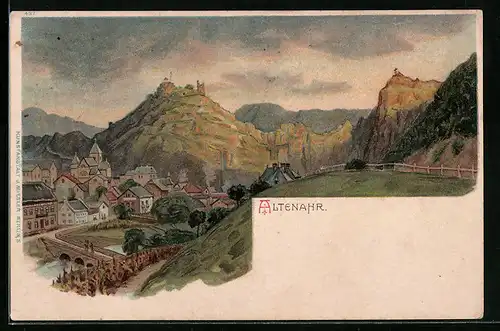 Lithographie Altenahr, Totalansicht vom Berg gesehen