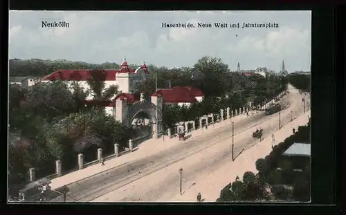 AK Berlin-Neukölln, Neue Welt und Jahnturnplatz an der Strasse Hasenheide mit Strassenbahn