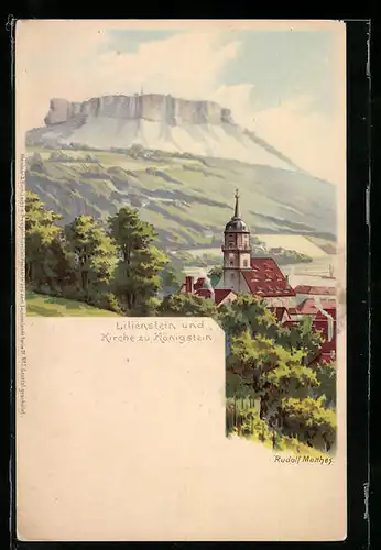 Künstler-AK Meissner & Buch (M&B) Nr. 7: Königstein, Lilienstein und Kirche