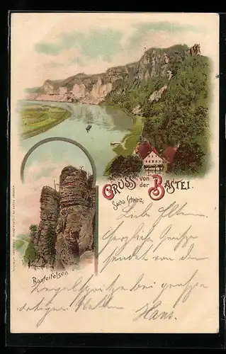 Lithographie Bastei, Flusspartie mit Gebirgszug, Basteifelsen, Jubiläum 1897