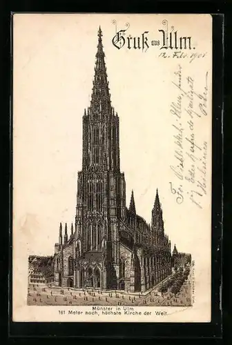 Lithographie Ulm, Darstellung vom Münster, 161 Meter hoch