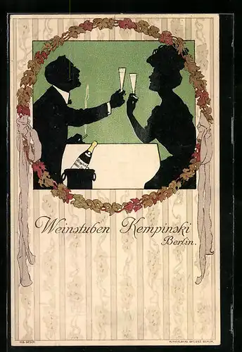 AK Berlin, Restaurant Kempinski, Mann und Frau stossen an, Silhouette