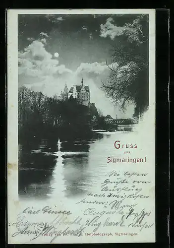 AK Sigmaringen, Uferpartie mit Brücke