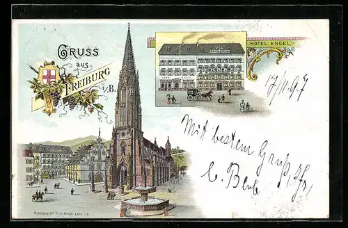 Lithographie Freiburg i. B., Hotel Engel, Kirche und Brunnen