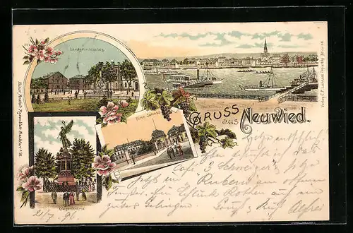 Lithographie Neuwied, Landgerichtsplatz, Fürstl. Schloss, Kriegerdenkmal