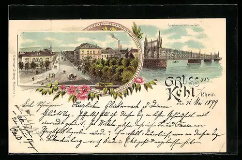 Lithographie Kehl a. Rhein, Ortsansicht, Eisenbahnbrücke