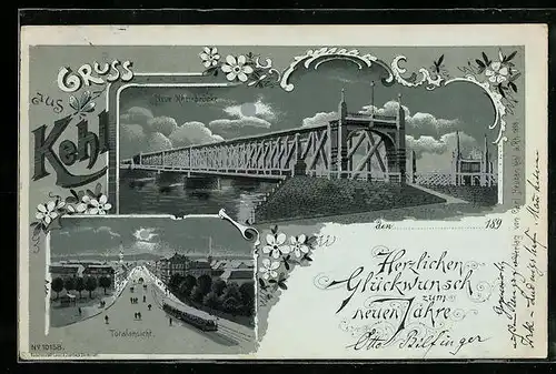 Mondschein-Lithographie Kehl, Neue Rheinbrücke, Totalansicht