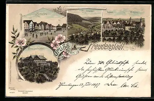 Lithographie Freudenstadt, Schwarzwald-Hotel, Marktplatz, Postamt und Ev. Kirche